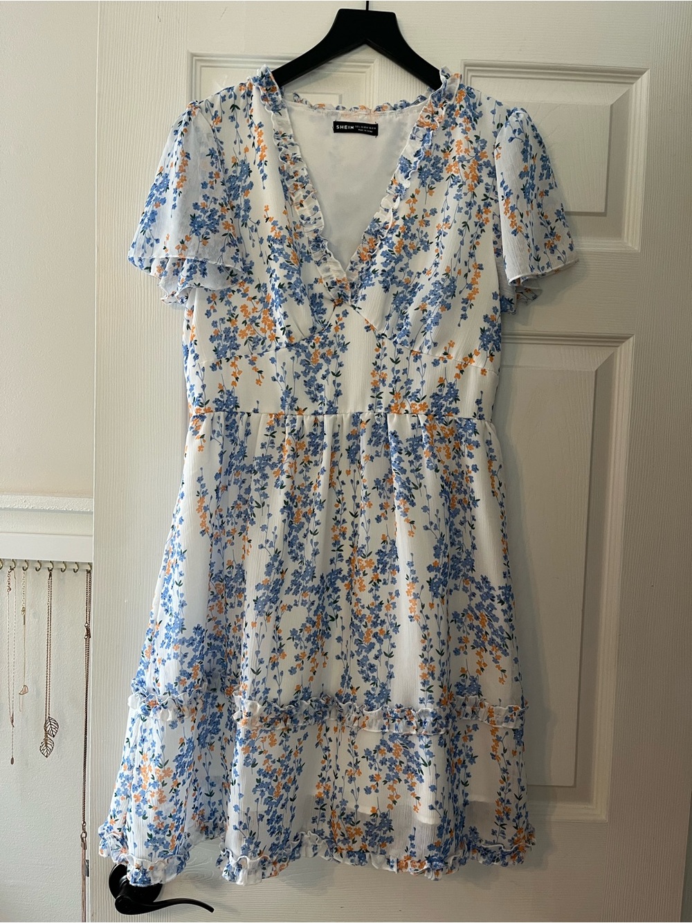 SHEIN White Mini Dress with Blue and Yellow Floral Trim